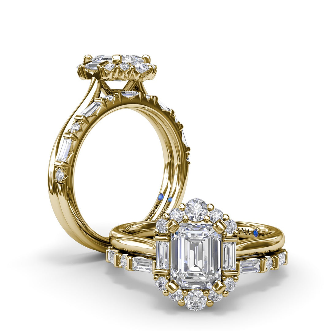 Graduated Halo Emerald Diamond Engagement Ring