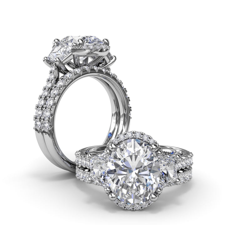Halo Diamond Engagement Ring with Trapezoid Side Stones