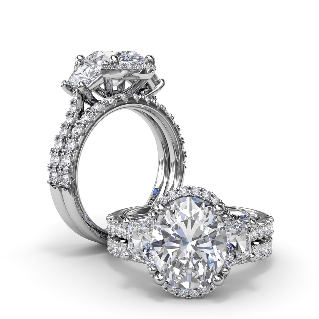 Halo Diamond Engagement Ring with Trapezoid Side Stones