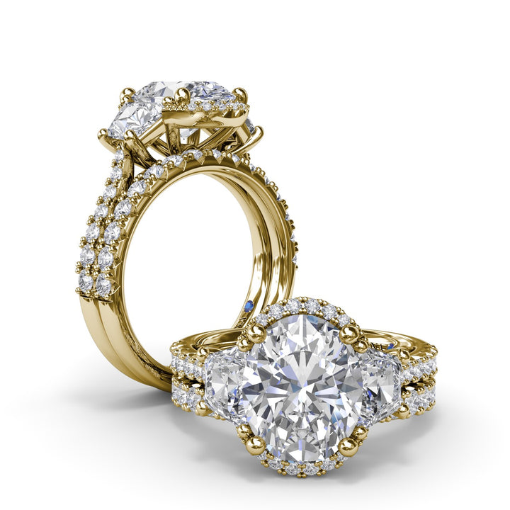 Halo Diamond Engagement Ring with Trapezoid Side Stones