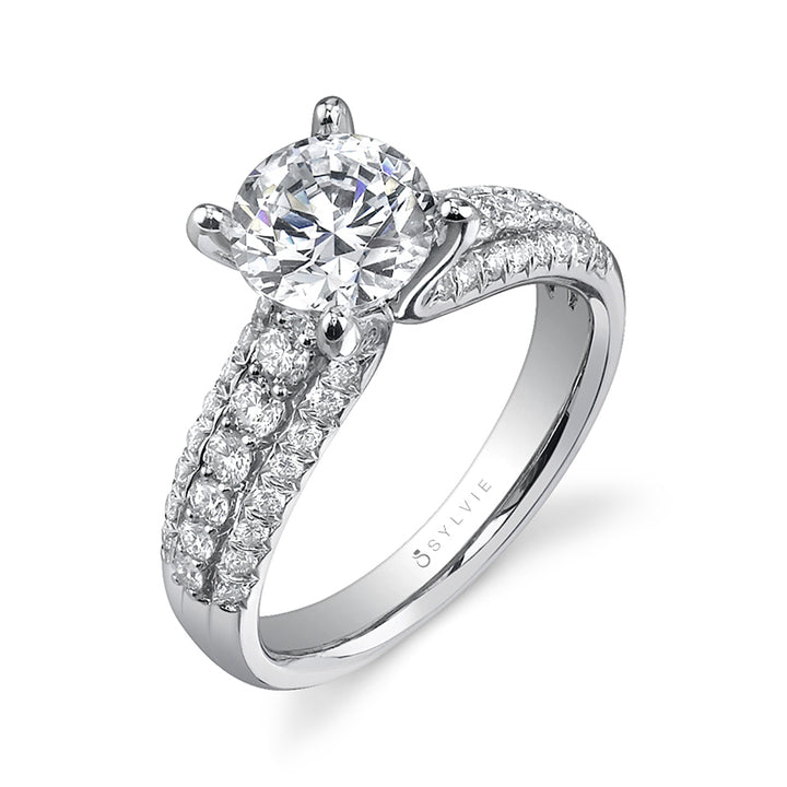 Three-Row Pave Diamond Solitaire Engagement Ring