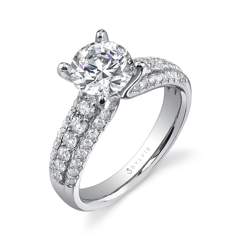Three-Row Pave Diamond Solitaire Engagement Ring