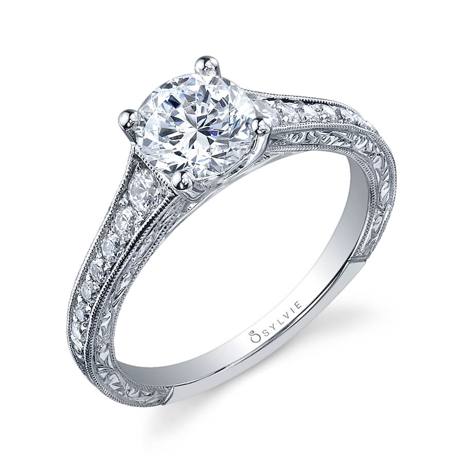 Desirae - Round Hand Engraved Engagement Ring
