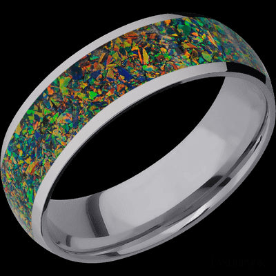 7 mm wide/Domed/Tantalum band with one 5 mm Centered inlay of Black Opal.