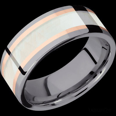 8 mm wide/Flat/Tantalum band featuring inlays of 14K Rose Gold and Freshwater Mother of Pearl.