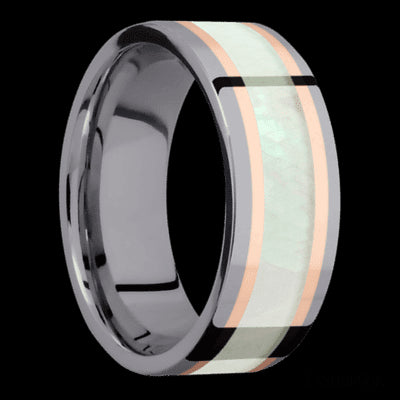 8 mm wide/Flat/Tantalum band featuring inlays of 14K Rose Gold and Freshwater Mother of Pearl.