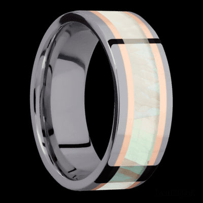 8 mm wide/Flat/Tantalum band featuring inlays of 14K Rose Gold and Freshwater Mother of Pearl.