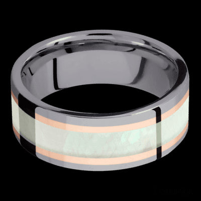 8 mm wide/Flat/Tantalum band featuring inlays of 14K Rose Gold and Freshwater Mother of Pearl.