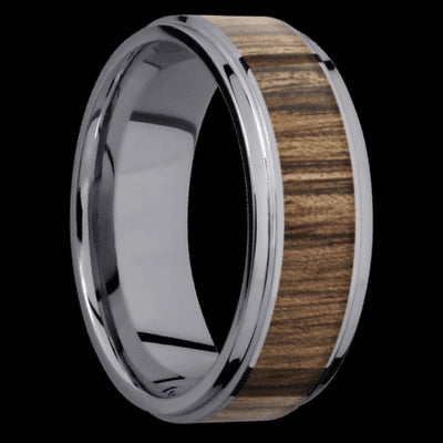 8 mm wide/Flat Grooved Edges/Tantalum band with one 5 mm Centered inlay of Walnut.