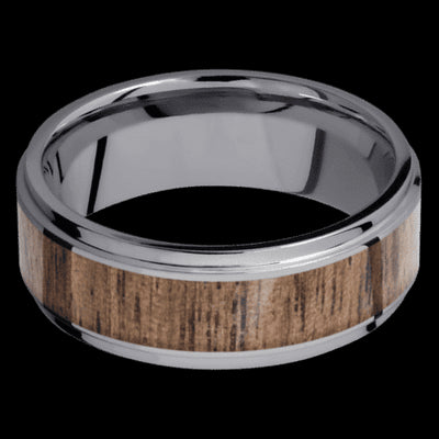 8 mm wide/Flat Grooved Edges/Tantalum band with one 5 mm Centered inlay of Walnut.