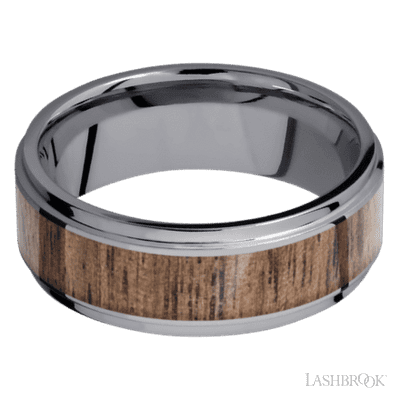 8 mm wide/Flat Grooved Edges/Tantalum band with one 5 mm Centered inlay of Walnut.