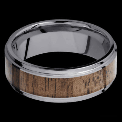 8 mm wide/Flat Grooved Edges/Tantalum band with one 5 mm Centered inlay of Walnut.
