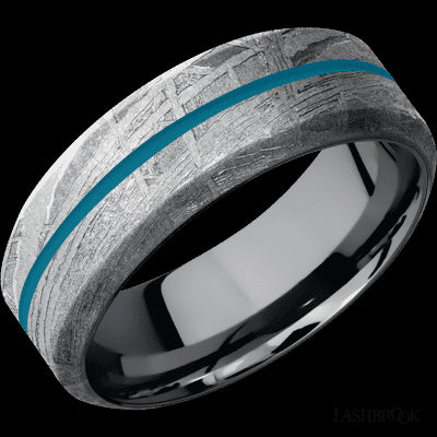 8 mm wide/High Bevel/Meteorite band with one 1 mm Centered inlay of Sea Blue also featuring a Tantalum sleeve.
