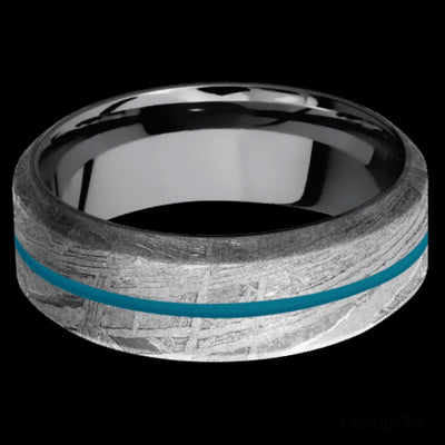 8 mm wide/High Bevel/Meteorite band with one 1 mm Centered inlay of Sea Blue also featuring a Tantalum sleeve.