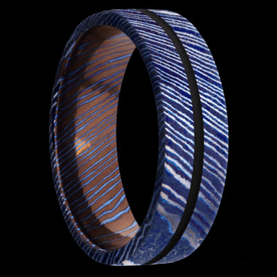 7 mm wide/Flat/Titanium Damascus band with one 1 mm Centered inlay of Black.