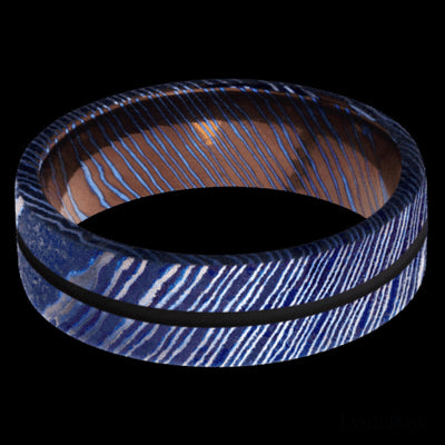 7 mm wide/Flat/Titanium Damascus band with one 1 mm Centered inlay of Black.