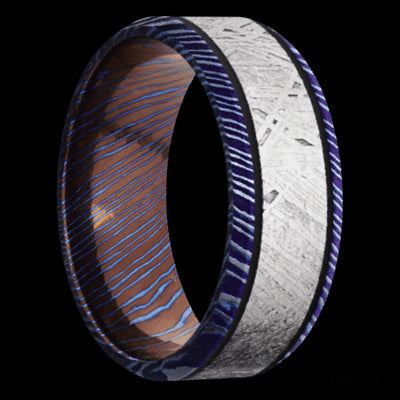 8 mm wide/Beveled/Titanium Damascus band with one 5 mm Centered inlay of Meteorite.