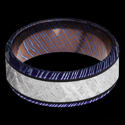 8 mm wide/Beveled/Titanium Damascus band with one 5 mm Centered inlay of Meteorite.