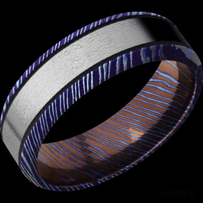 7 mm wide/Beveled/Titanium Damascus band with one 4 mm Centered inlay of Titanium.
