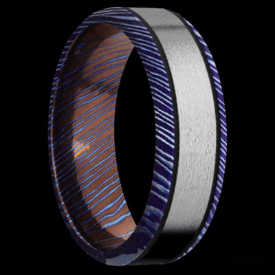 7 mm wide/Beveled/Titanium Damascus band with one 4 mm Centered inlay of Titanium.