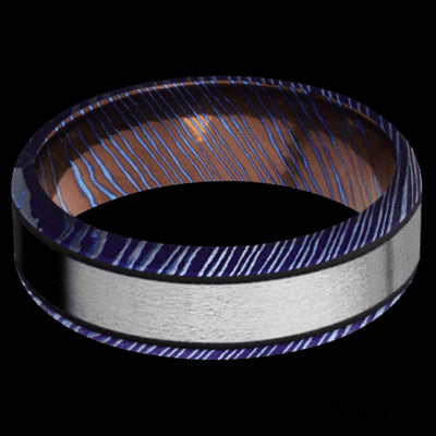 7 mm wide/Beveled/Titanium Damascus band with one 4 mm Centered inlay of Titanium.