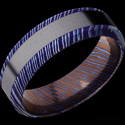 7 mm wide/High Bevel/Titanium Damascus band with one 3 mm Centered inlay of Tantalum.