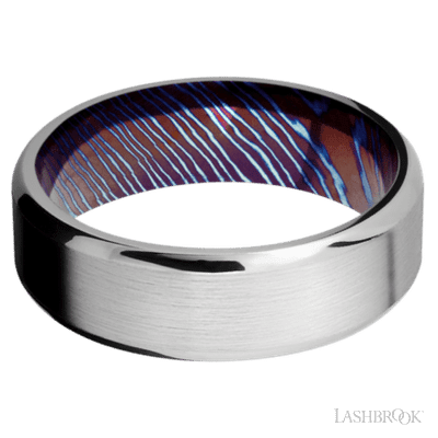 7 mm wide Beveled Cobalt Chrome band featuring a Titanium Damascus sleeve.