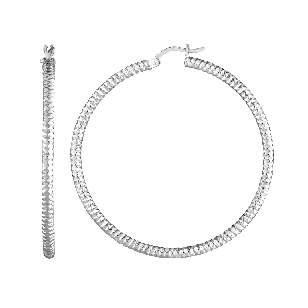Sterling Silver 3mm x 40mm Diamond-Cut Rhodium Hoop Earrings