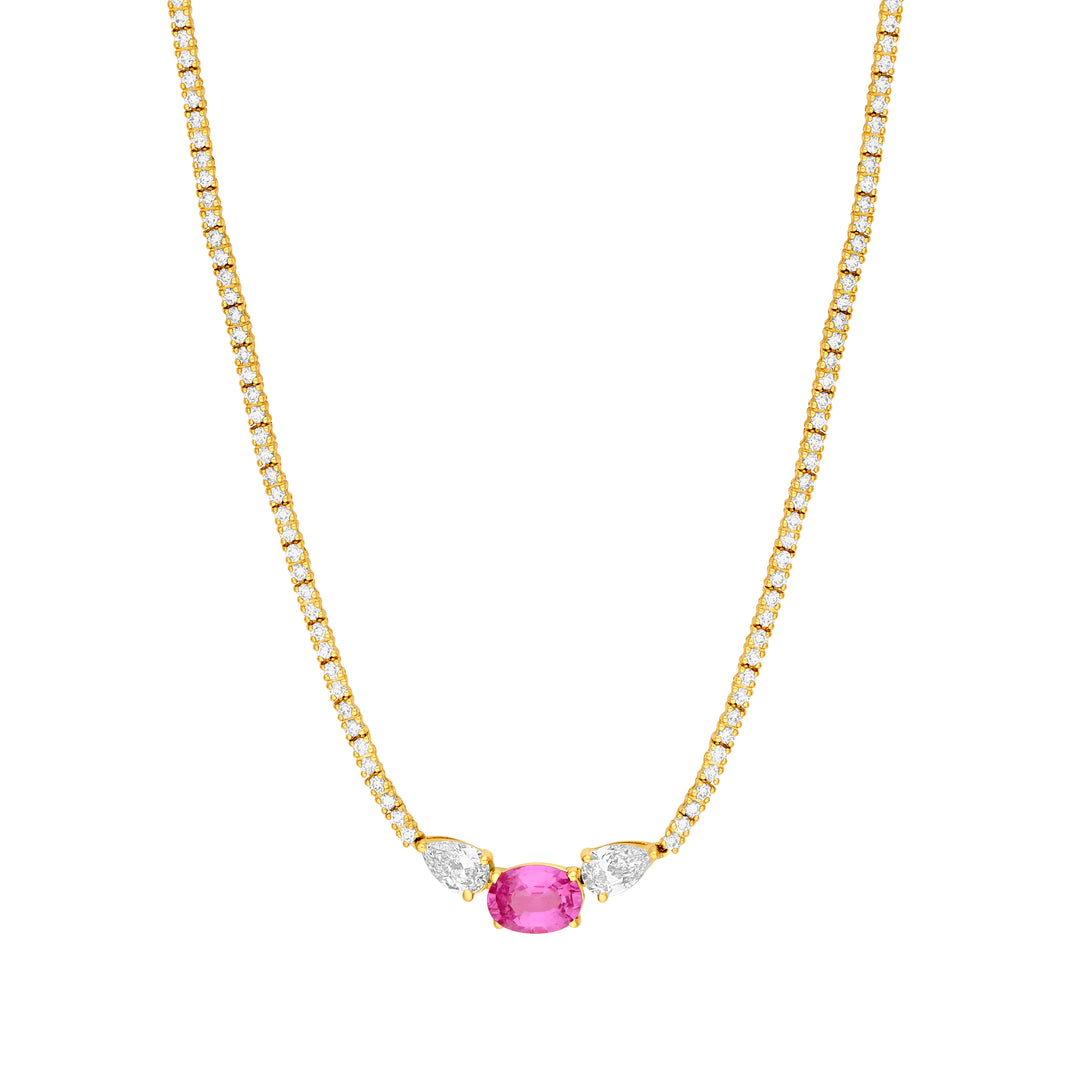 Oval Pink Sapphire and Pear Diamond Tennis Necklace