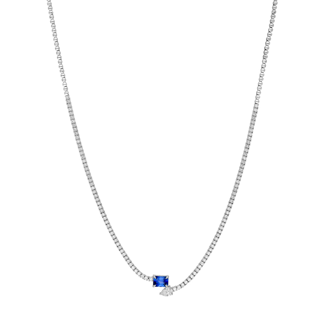 Blue Sapphire and Pear Diamond Tennis Necklace