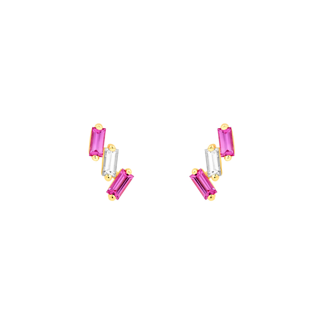 7/8tcw Square Baguette Pink Sapphire & Diamond Stud Earrings