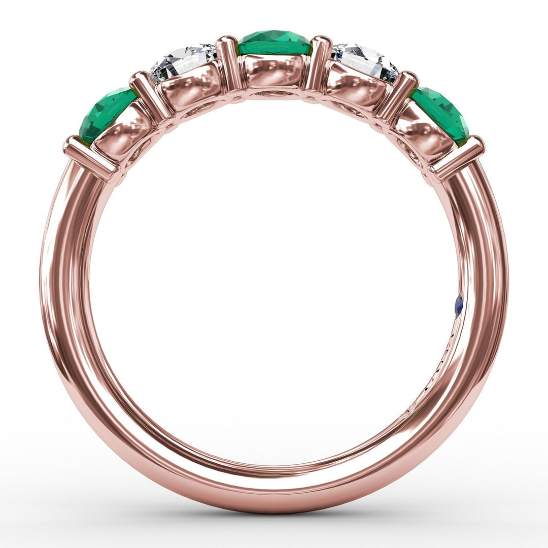 Chunky Emerald and Diamond Shared Prong Anniversary Band