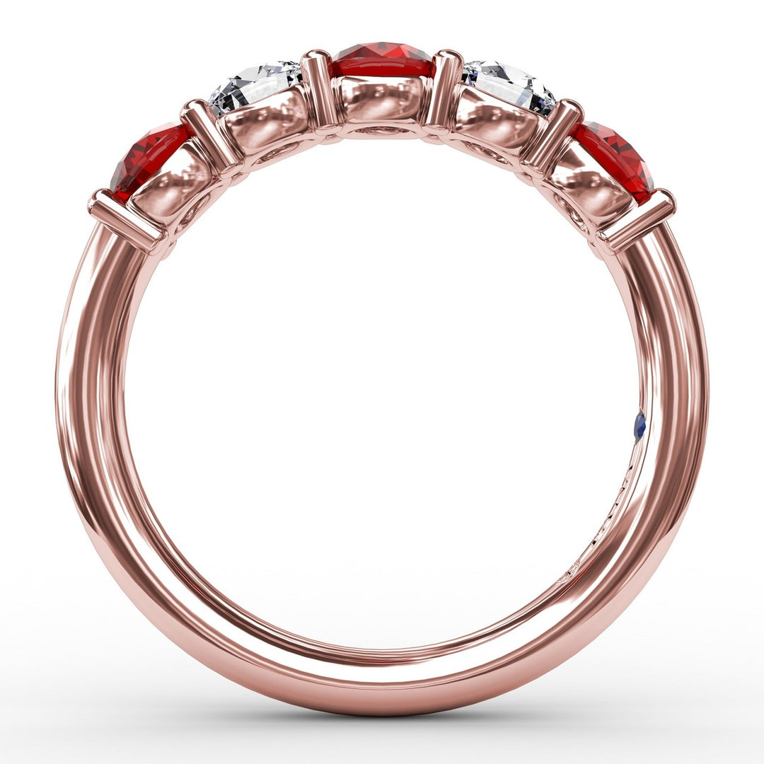 Chunky Ruby and Diamond Shared Prong Anniversary Band