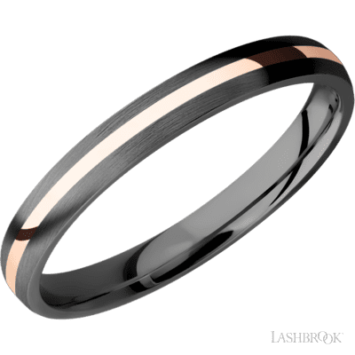 3 mm wide/Domed/Zirconium band with one 1 mm Centered inlay of 14K Rose Gold.