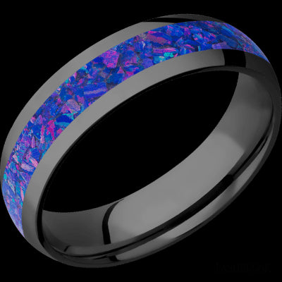 6 mm wide/Domed/Zirconium band with one 3 mm Centered inlay of Purple Opal.