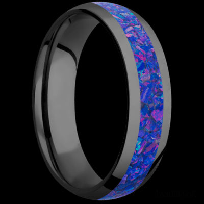 6 mm wide/Domed/Zirconium band with one 3 mm Centered inlay of Purple Opal.