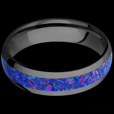 6 mm wide/Domed/Zirconium band with one 3 mm Centered inlay of Purple Opal.