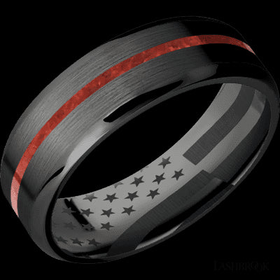 7 mm wide/Beveled/Zirconium band with one 1 mm Centered inlay of Coral.