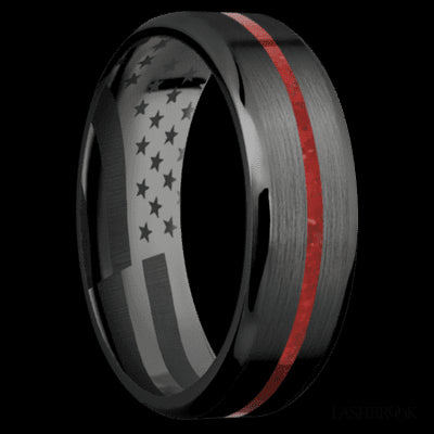 7 mm wide/Beveled/Zirconium band with one 1 mm Centered inlay of Coral.