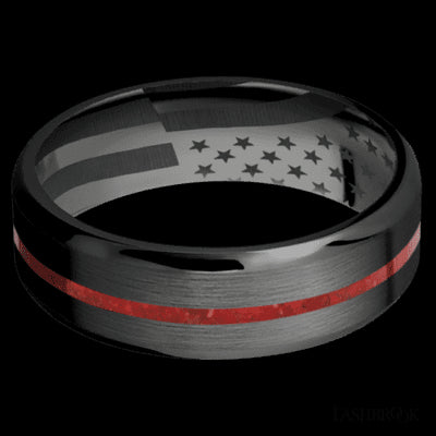 7 mm wide/Beveled/Zirconium band with one 1 mm Centered inlay of Coral.