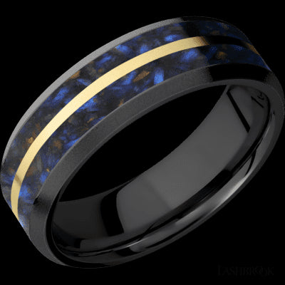 7 mm wide/Beveled/Zirconium band featuring inlays of Blue Tiger Eye and 14K Yellow Gold.
