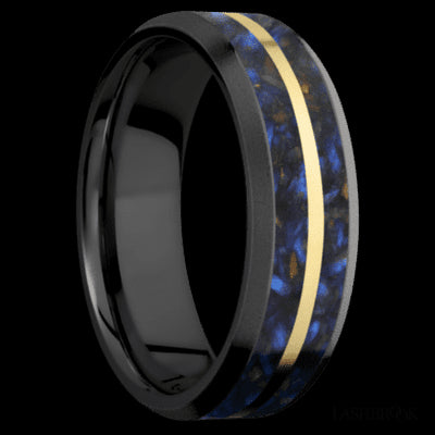 7 mm wide/Beveled/Zirconium band featuring inlays of Blue Tiger Eye and 14K Yellow Gold.