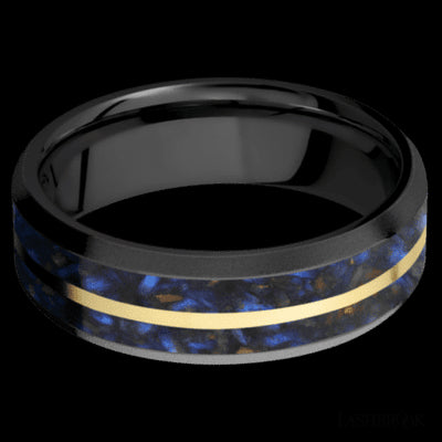 7 mm wide/Beveled/Zirconium band featuring inlays of Blue Tiger Eye and 14K Yellow Gold.