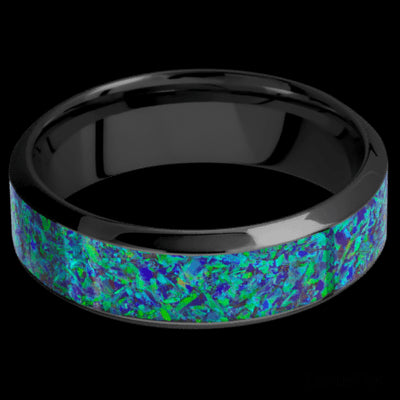 7 mm wide/High Bevel/Zirconium band with one 4 mm Centered inlay of Green Opal.