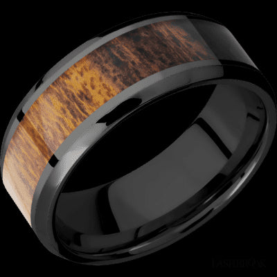 8 mm wide/Beveled/Zirconium band with one 5 mm Centered inlay of Desert Iron Wood.