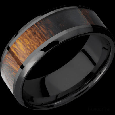 8 mm wide/Beveled/Zirconium band with one 5 mm Centered inlay of Desert Iron Wood.