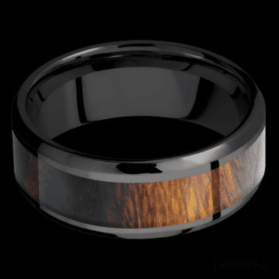 8 mm wide/Beveled/Zirconium band with one 5 mm Centered inlay of Desert Iron Wood.