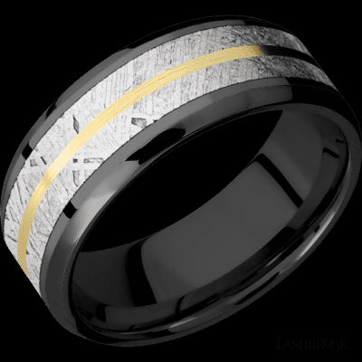 8 mm wide/Beveled/Zirconium band featuring inlays of Meteorite and 14K Yellow Gold.