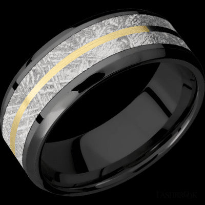8 mm wide/Beveled/Zirconium band featuring inlays of Meteorite and 14K Yellow Gold.