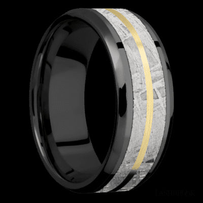 8 mm wide/Beveled/Zirconium band featuring inlays of Meteorite and 14K Yellow Gold.